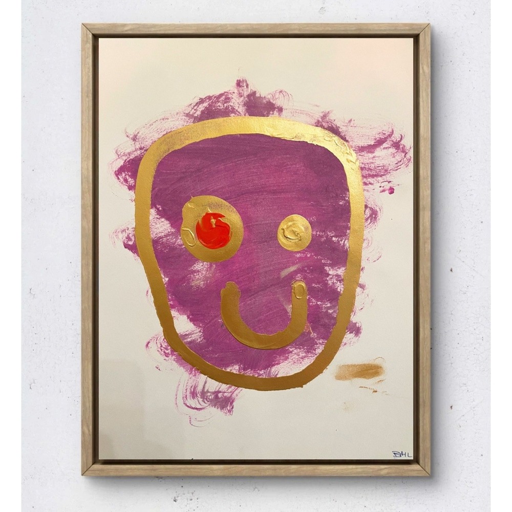 Pop Art Smiley Face Original Painting 11x14 Mixed Media Gold Purp Abstract Decor